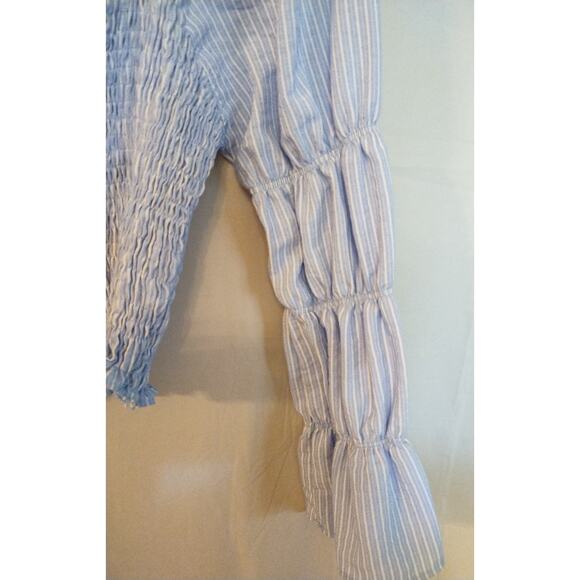 Storia Women's Blue Striped Stretch Crop Top w/Puff & Stretch Sleeves Size S - Picture 2 of 8